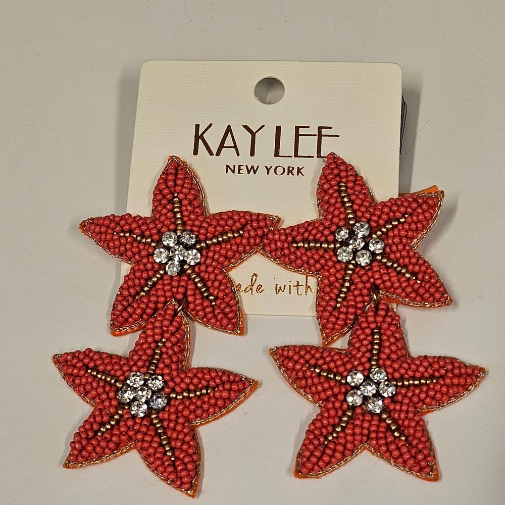NEW Kay Lee Beaded Coral Starfish  Earrings